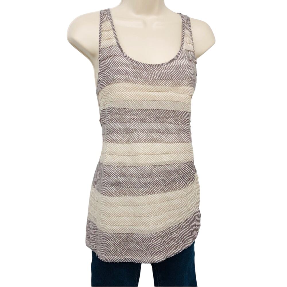 NWT Ann Taylor Loft Buttons Ruffle Front Tank Top Tan Cream Stripe Scoop Neck